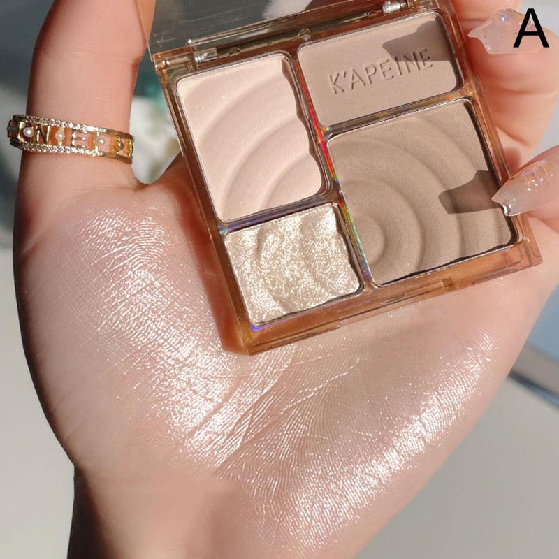 Four-color contour palette, highlighter and contour all-in-one palette, portable matte highlighter shimmer powder, waterproof highlighter eyeshadow.